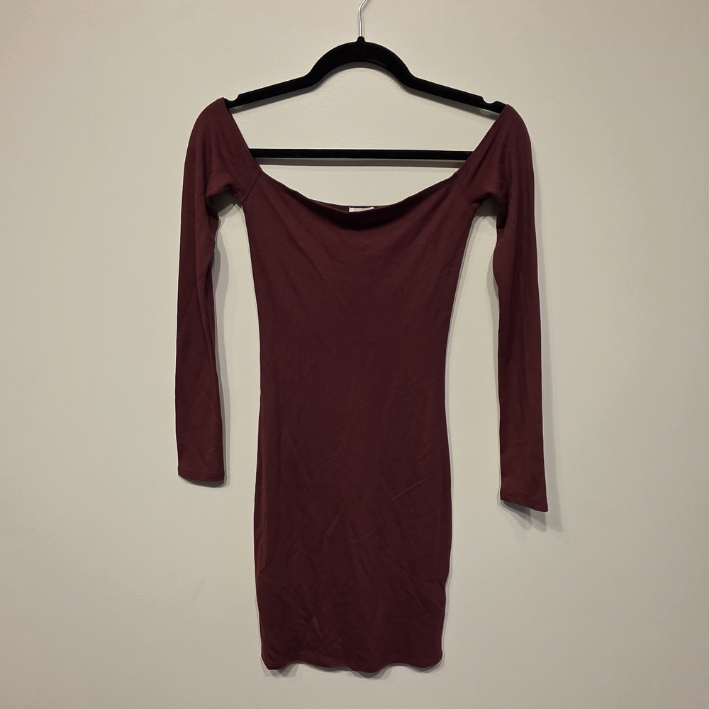 Garage Off-Shoulder Long Sleeve Dress in Burgundy
